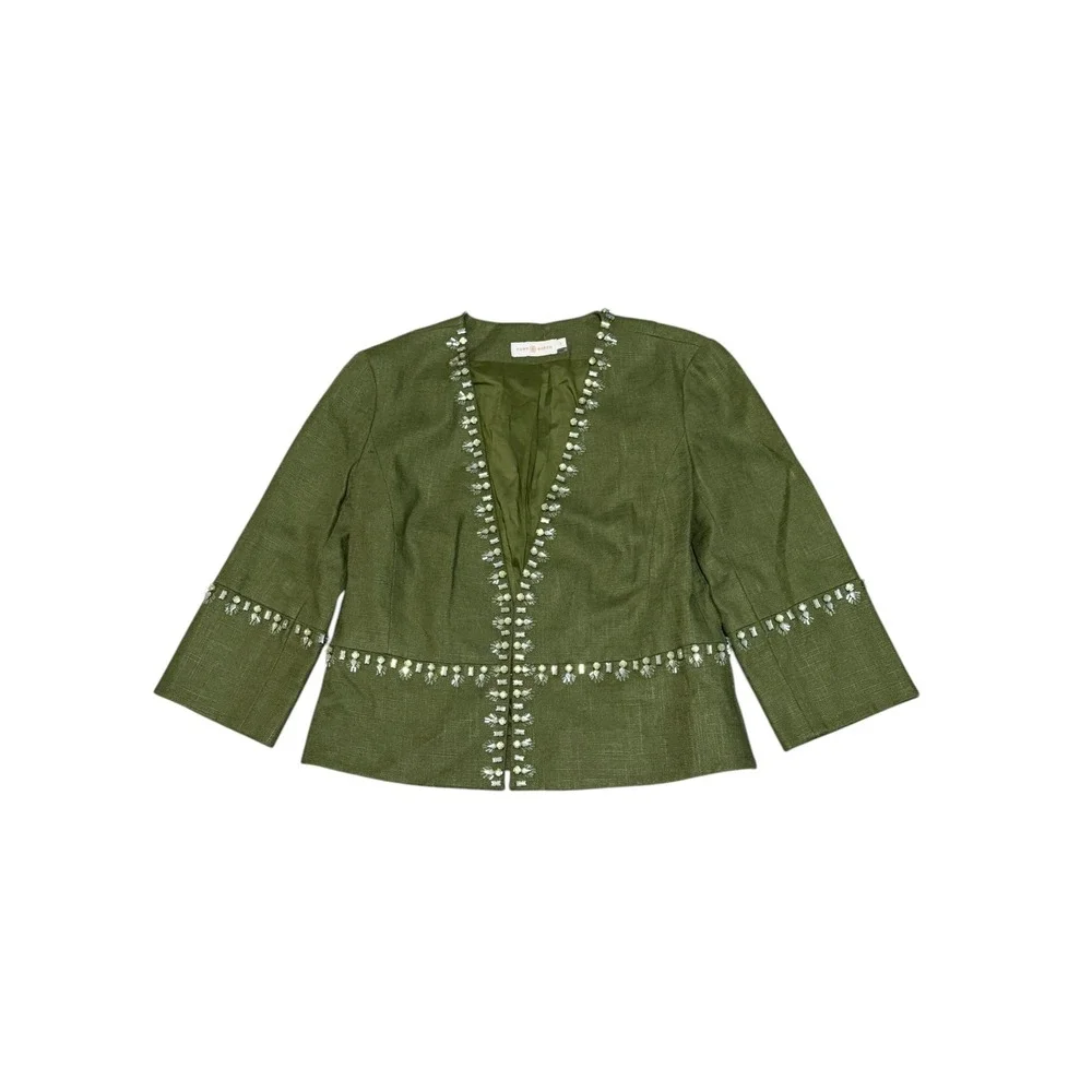 Tory Burch Avery Embellished Linen jacket Sz4‎ crystal beaded Olive green garden